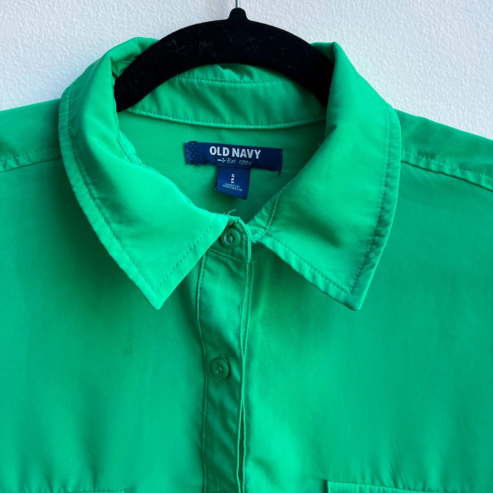 OLD NAVY Shirt Women's Long Roll-Tab Sleeve Pockets Button Up Green - Picture 2 of 5